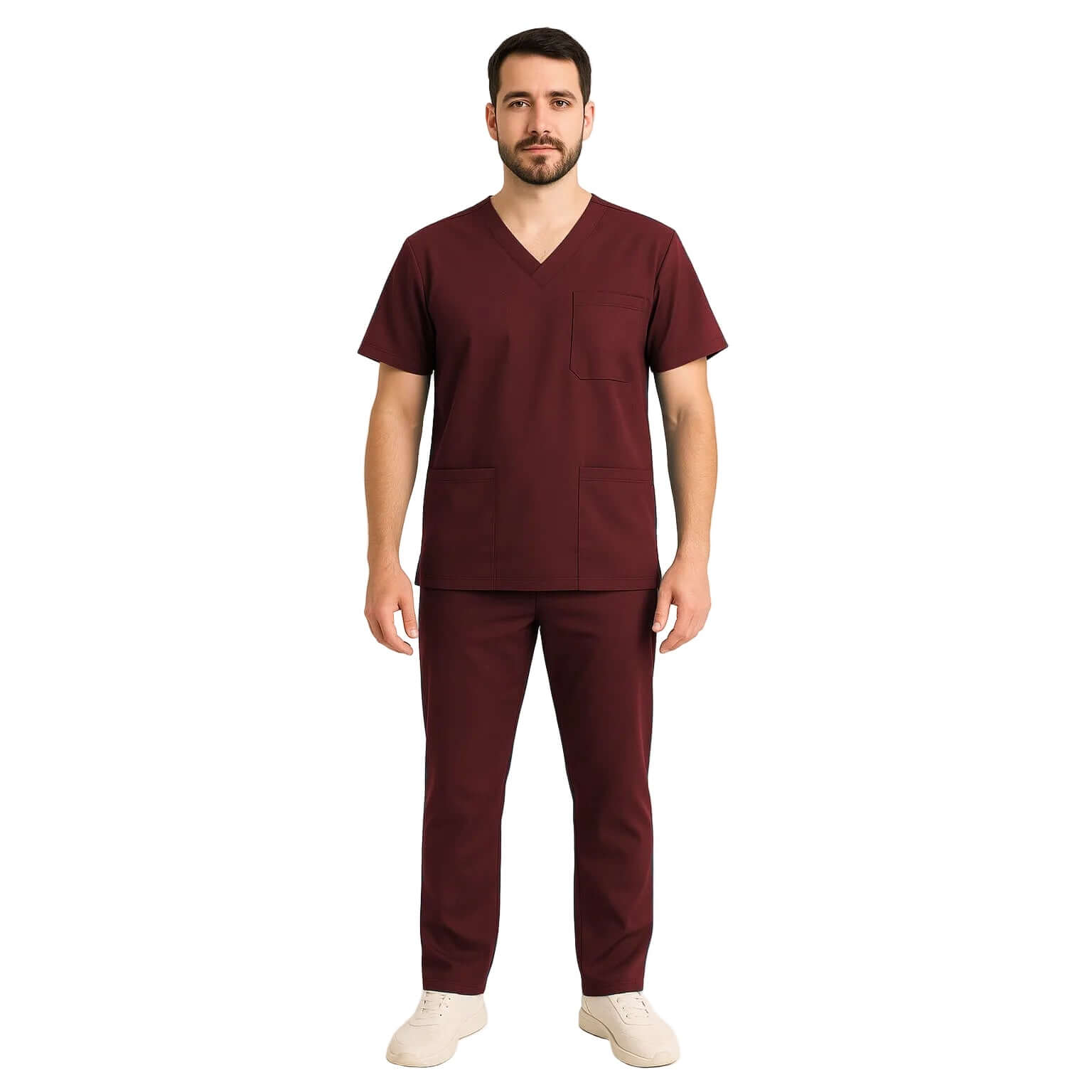 Costum medical elastic daniel, uniformă confortabilă și modernă, disponibilă în nuanța burgundă.