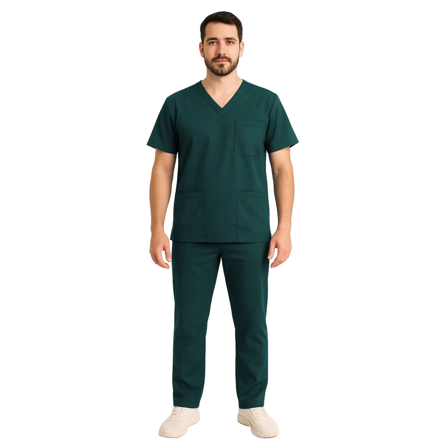Costum medical elastic Daniel, complet, modern, confortabil, material elastic, disponibil in culoare verde.