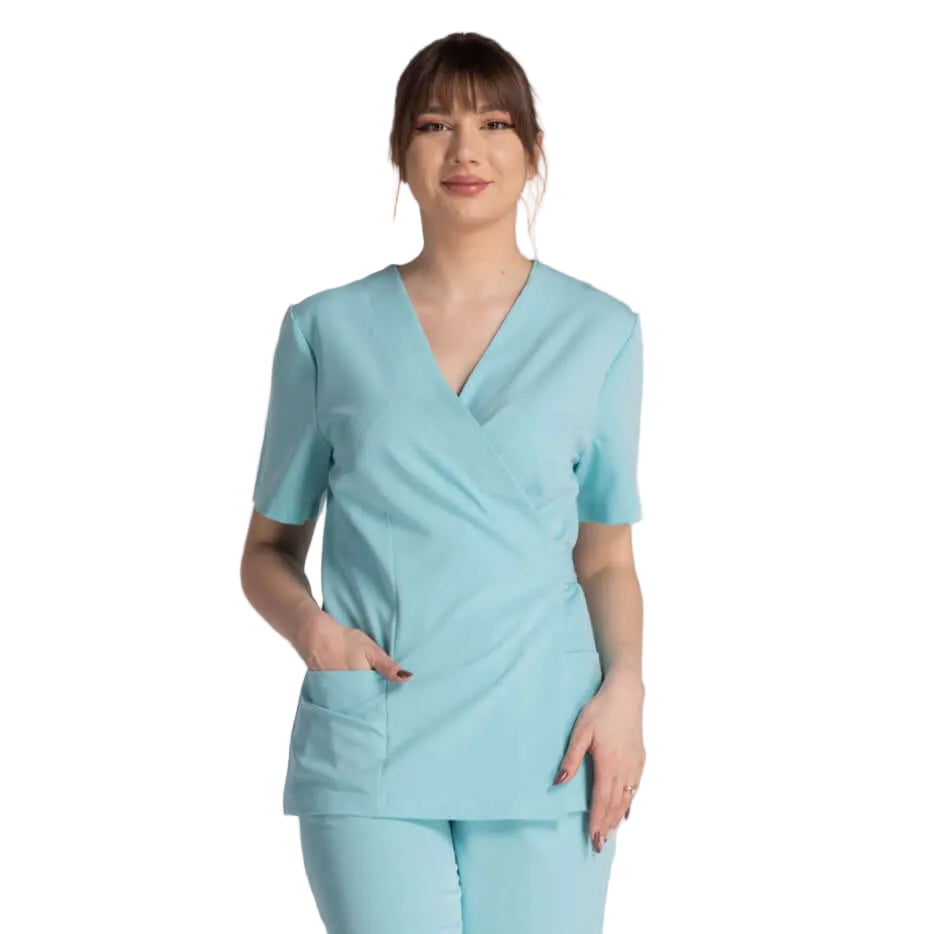 Bluza Elastica Bianca, bluză ergonomică cu design premium, mâneci scurte și buzunare laterale, îmbrăcăminte confortabilă.