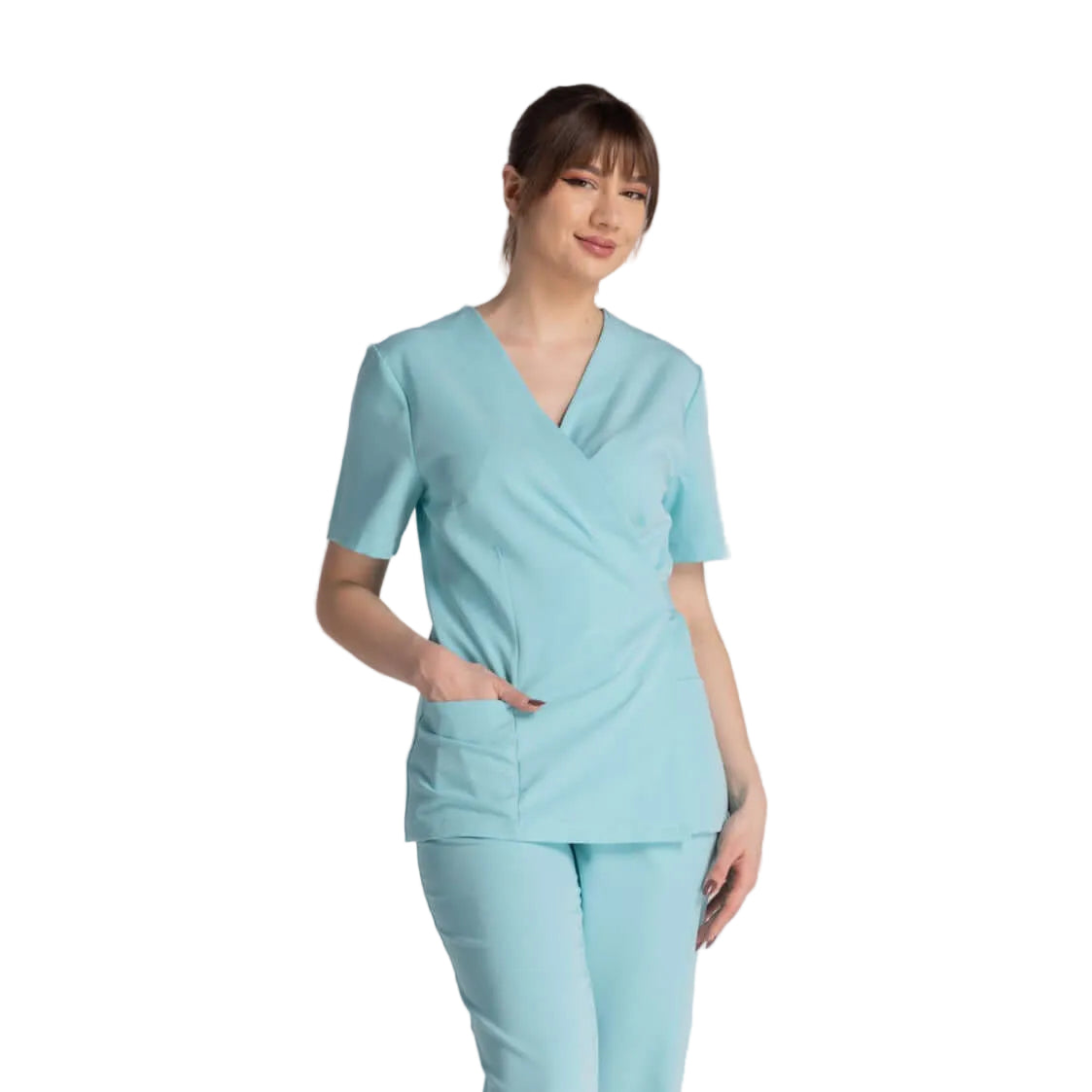 Bluza Elastica Bianca - model femeie îmbrăcată într-o bluză turcoaz cu design ergonomic și buzunare laterale.