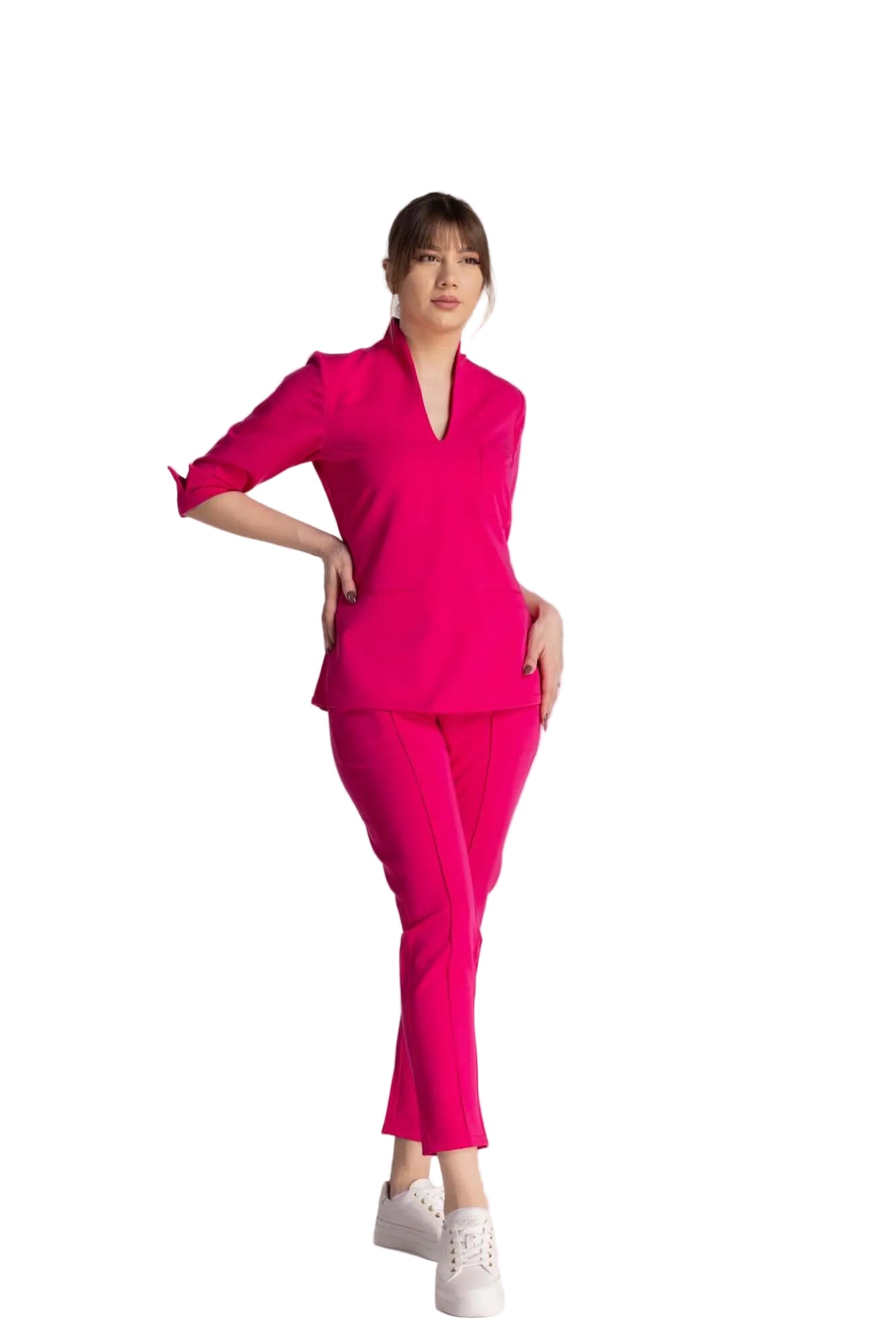 Bluza Elastica Elise roz, perfectă pentru profesioniștii medicali, combinând stilul elegant cu comoditatea.