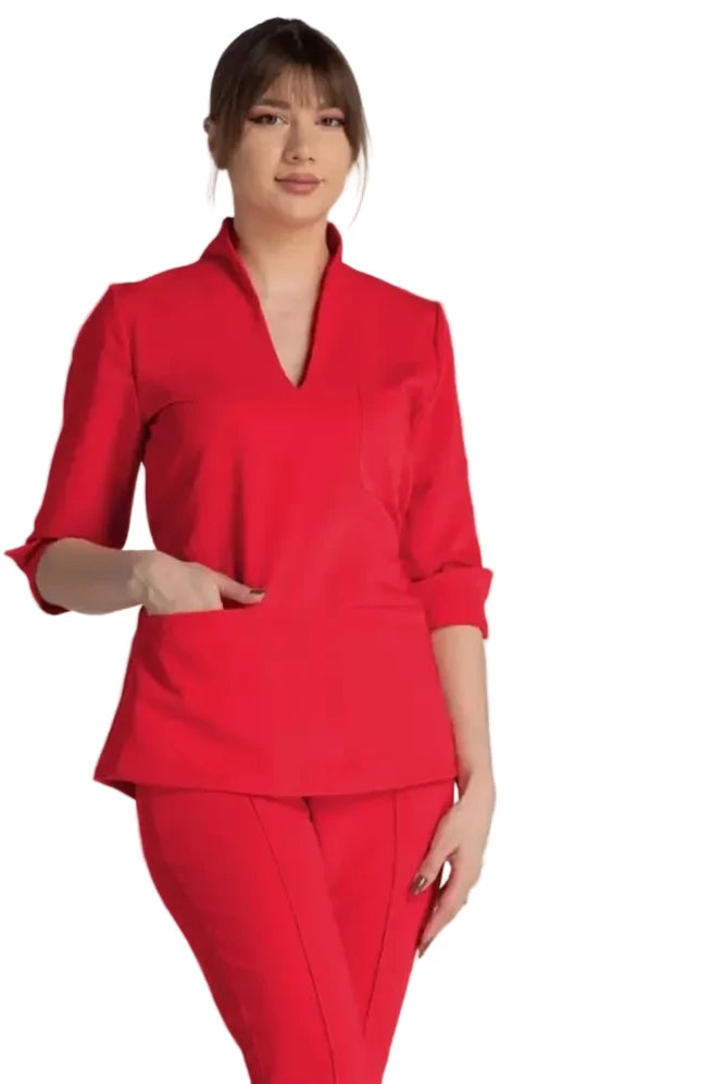 Bluza Elastica Elise red medical uniform with pockets and adjustable fit for professionals.