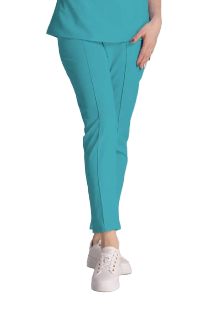 Pantaloni Elastici Elise în nuanță turcoaz, confecționați pentru confort și stil în mediul profesional.
