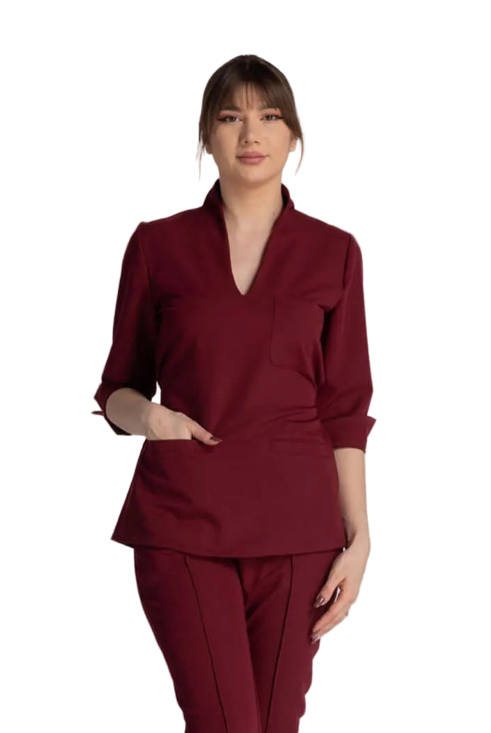 Bluza Elastica Elise - uniforma medicala eleganta cu guler shal si bucle ajustabile, perfect pentru profesionisti.