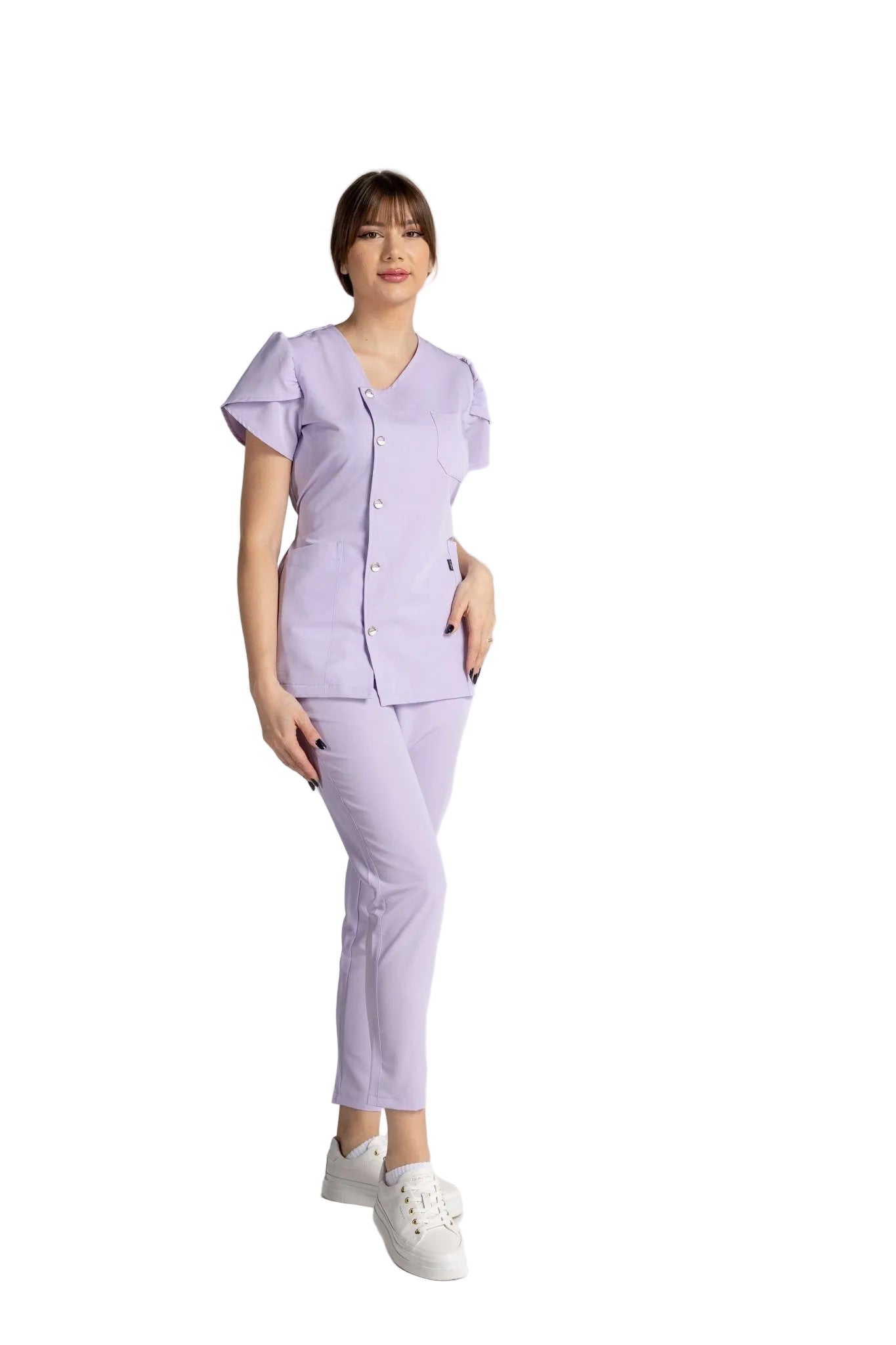 Costum Premium Elastic Sofia în nuanță de lavandă, cu mâneci lalea și nasturi eleganți.