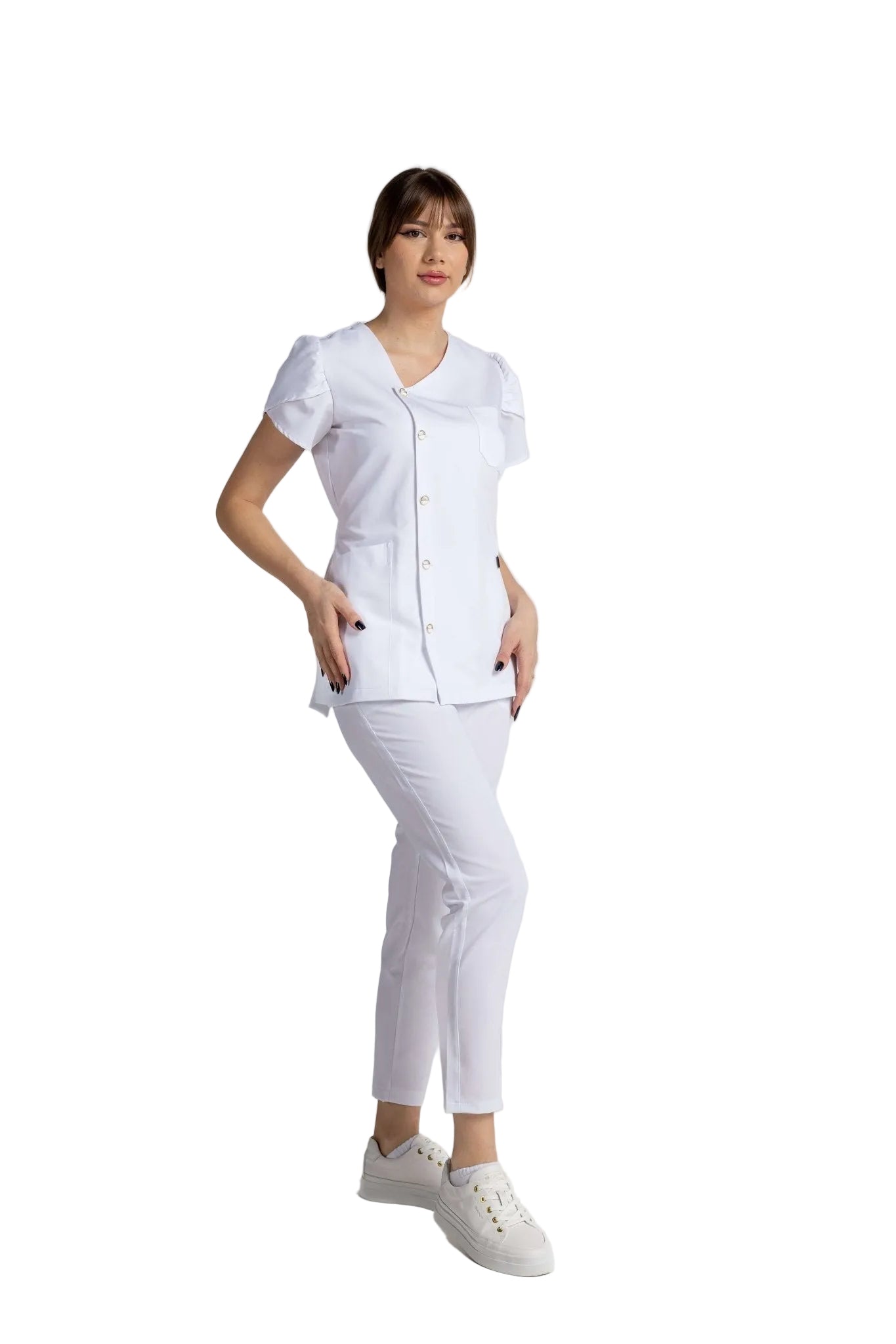 Costum Premium Elastic Sofia, elegant și confortabil, cu mâneci lalea și nasturi, perfect pentru mediul profesional.