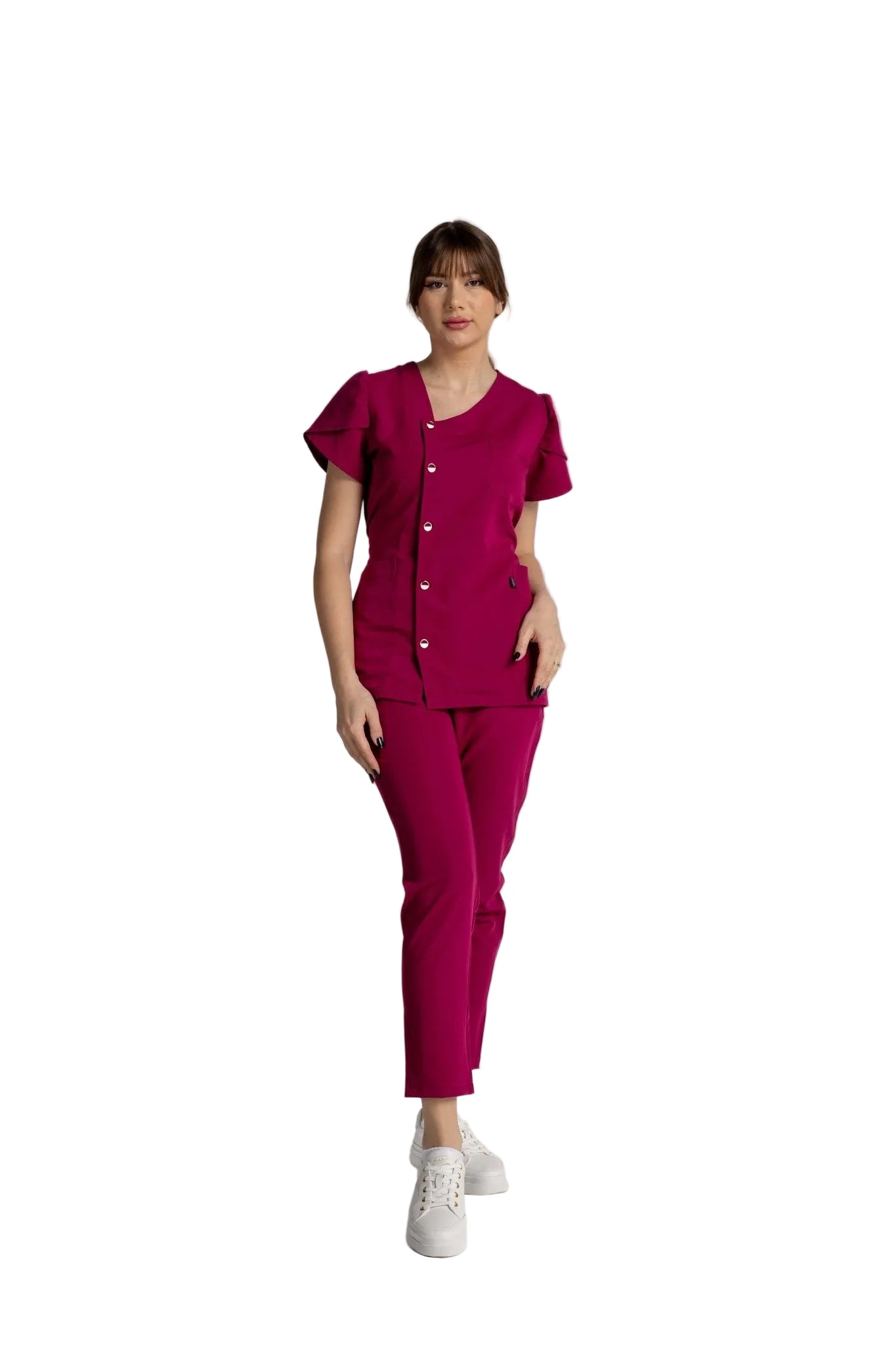 Costum Premium Elastic Sofia în culoare magenta, elegant și confortabil, perfect pentru mediu profesional.