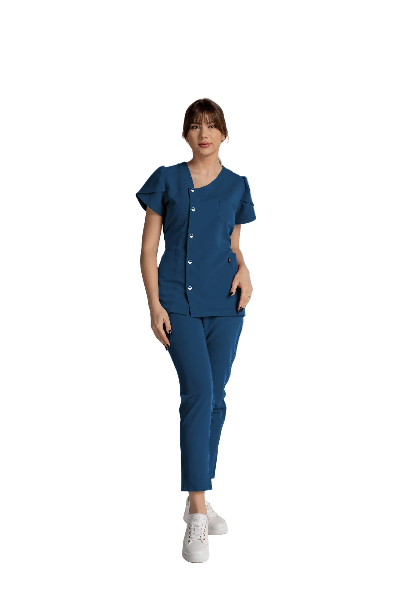 Costum Premium Elastic Sofia, design elegant cu nasturi, confortabil, ideal pentru mediu profesional.